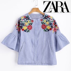 Zara Basic stripes Seersucker embroidered floral